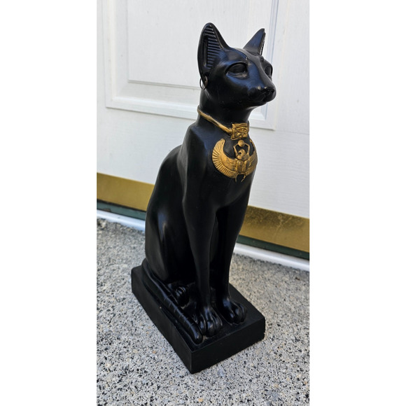 Ancient Egyptian Sitting Black and Gold Bastet Cat Figurine Egypt 13 1/2" - Picture 1 of 12